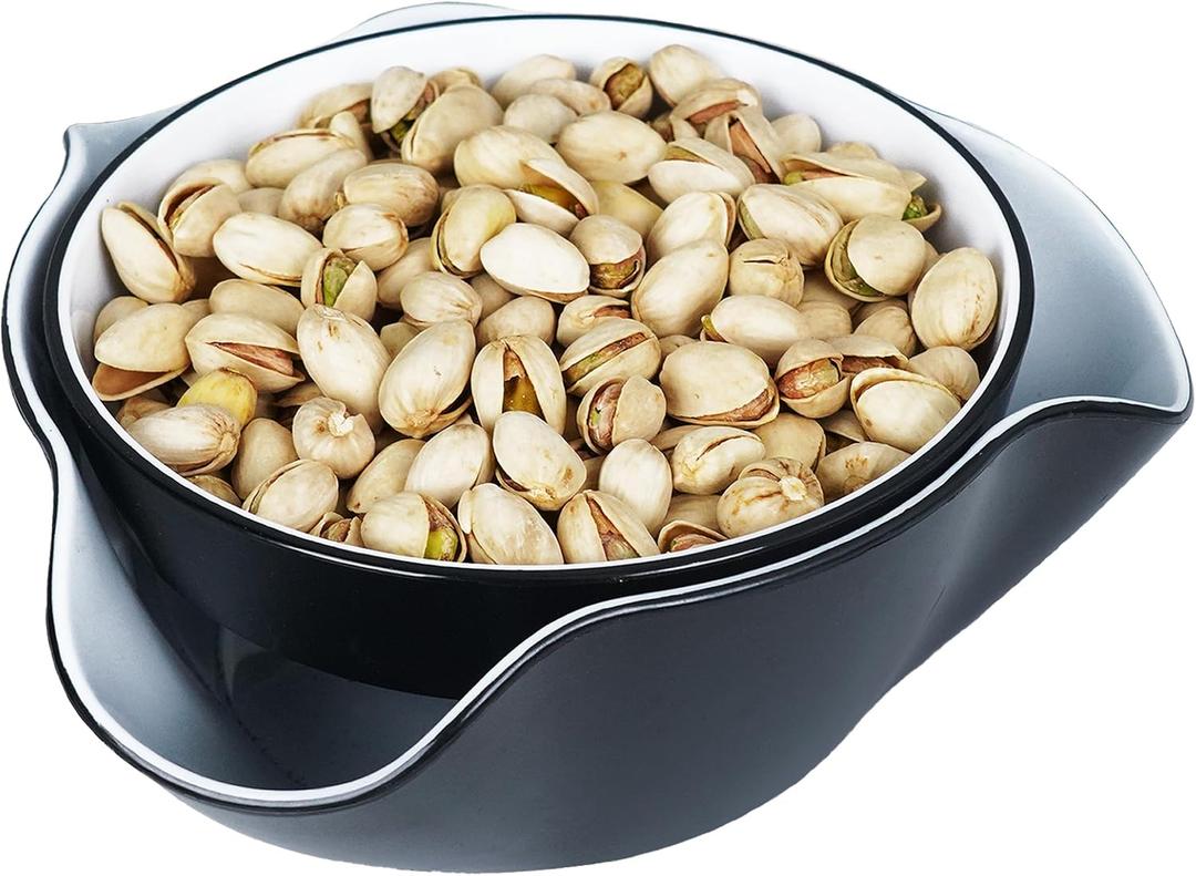 Pistachio Bowl, Snack Serving Dish, Double Dish Nut Bowl with Nut Seeds Shell Storage, Pistachios, Peanuts, Cherries, Popcorn, Edamame, Fruits, Snacks, and Candy Serving Bowl, Black & White