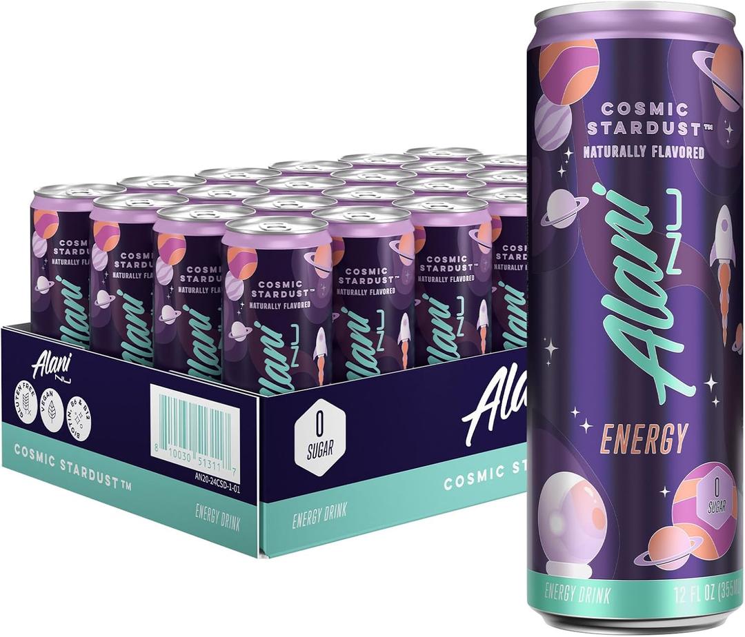 Alani Nu COSMIC STARDUST, Sugar Free, Low Calorie Energy Drinks, 200mg Caffeine, Biotin, B Vitamins, Zero Sugar, 10 Calories, 12 Fl Oz Cans, 24 Pack, Best By: 07/2027