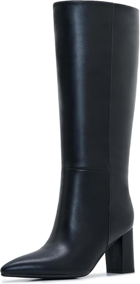 Wide Calf Knee High Boots For Women Plus Size Side Zipper Leather Chunky Heel Boots Heeled Pointed Toe Tall (Black), Size: 6.5 Wide