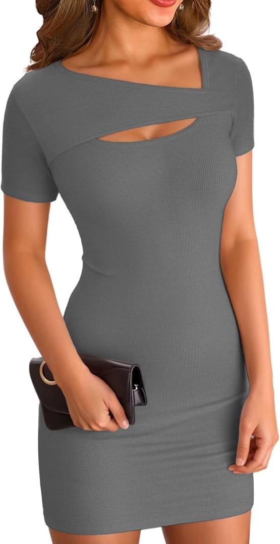 VICHYIE Womens Summer Dresses Cutout One Piece Ribbed Bodycon Mini Short Sleeve Casual Slim Fitted Pencil Dresses (Large, Dark Grey)