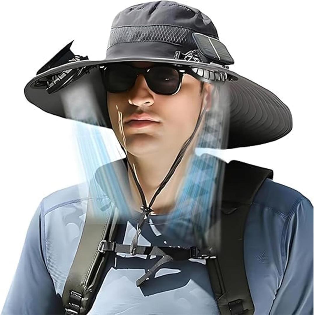 Solar Fan Hat, Hat with Fans Solar Power, with 2 - Removable & USB Charging Fan,3 Speed Adjustable Fans Hats Dark Gray
