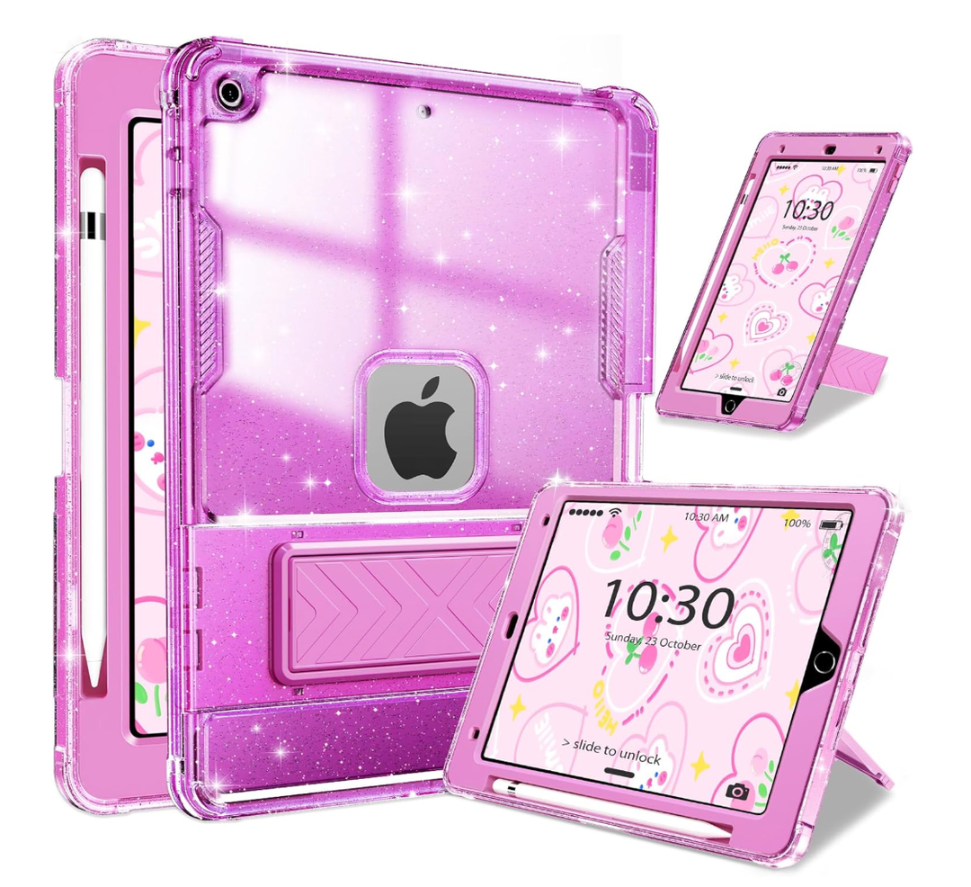 INFILAND Case for iPad 9th/8th/7th Generation 2021/2020/2019 10.2 inch Glitter Clear, Shockproof Protective Cute iPad 7/8/9 Gen Cover with Stand, Pencil Holder for Kids, Girls, Women (Purple)
