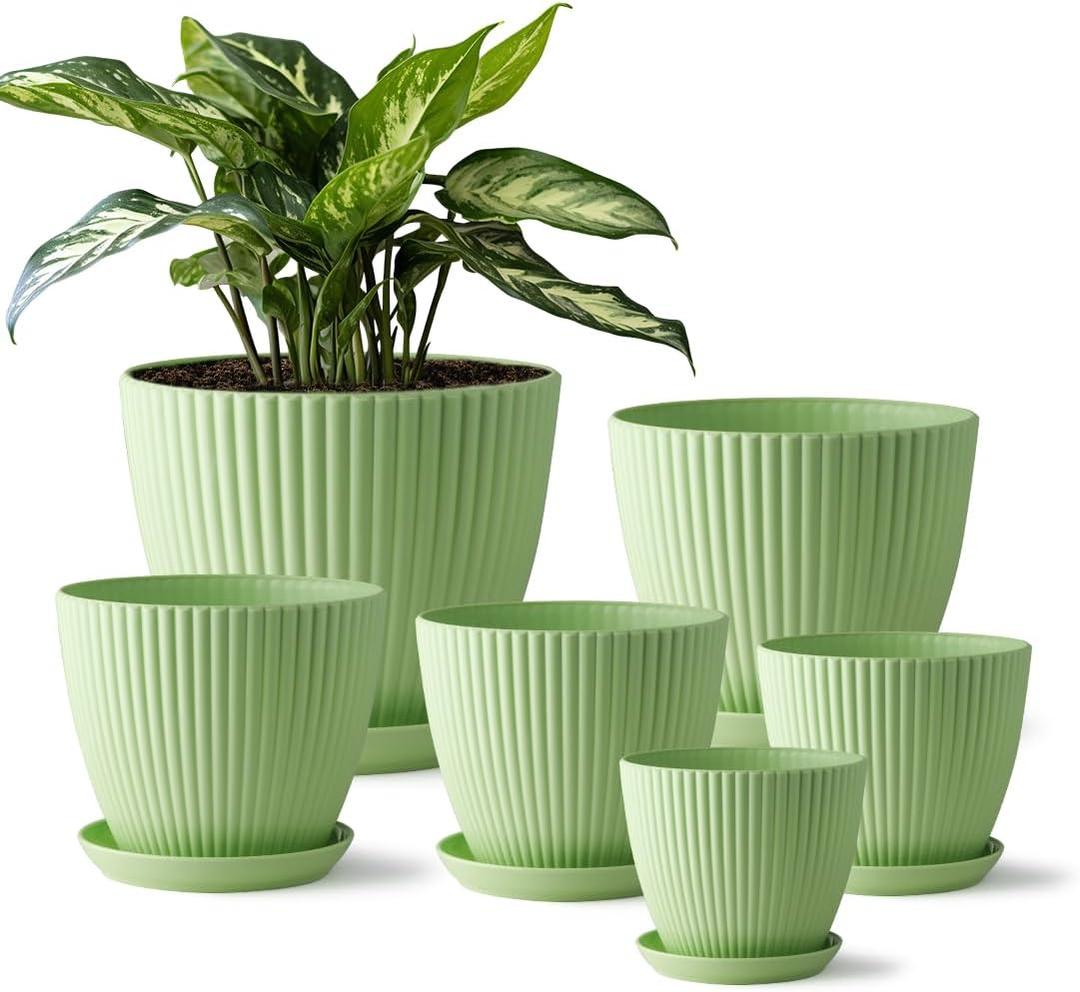 RooTrimmer 7.5/6.5/5.5/4.9/4.2/3.5 Inch Plant Pots with Saucers & Drain Holes - Indoor/Outdoor Flower Pots for Succulents, Herbs, Cactus - Modern Lightweight Durable Planter Set, Green