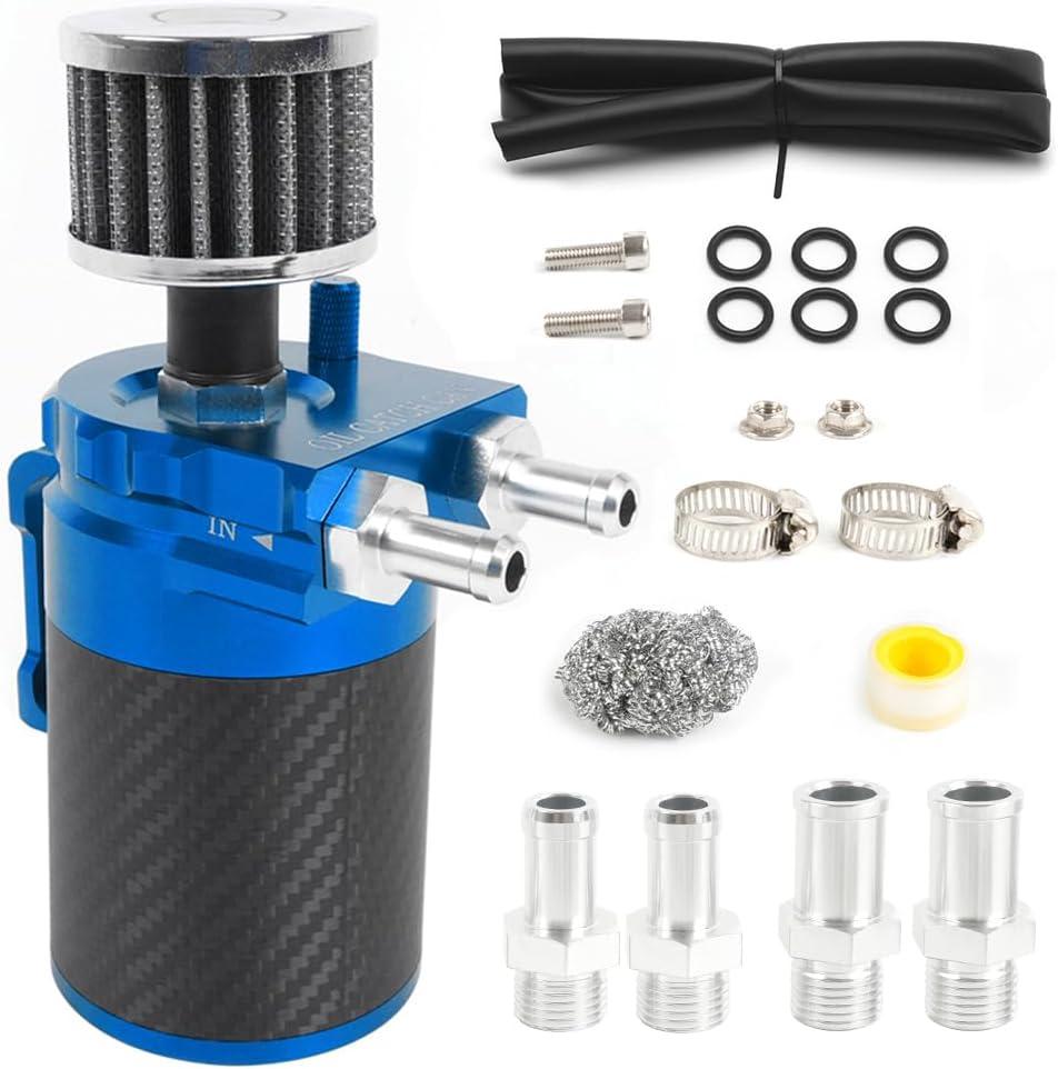 muge racing Carbon Fiber Universal Oil Catch Can Tank Kit Polish Baffled Reservoir with Breather Filter with 3/8" Fuel Line Aluminum (400ml Blue)