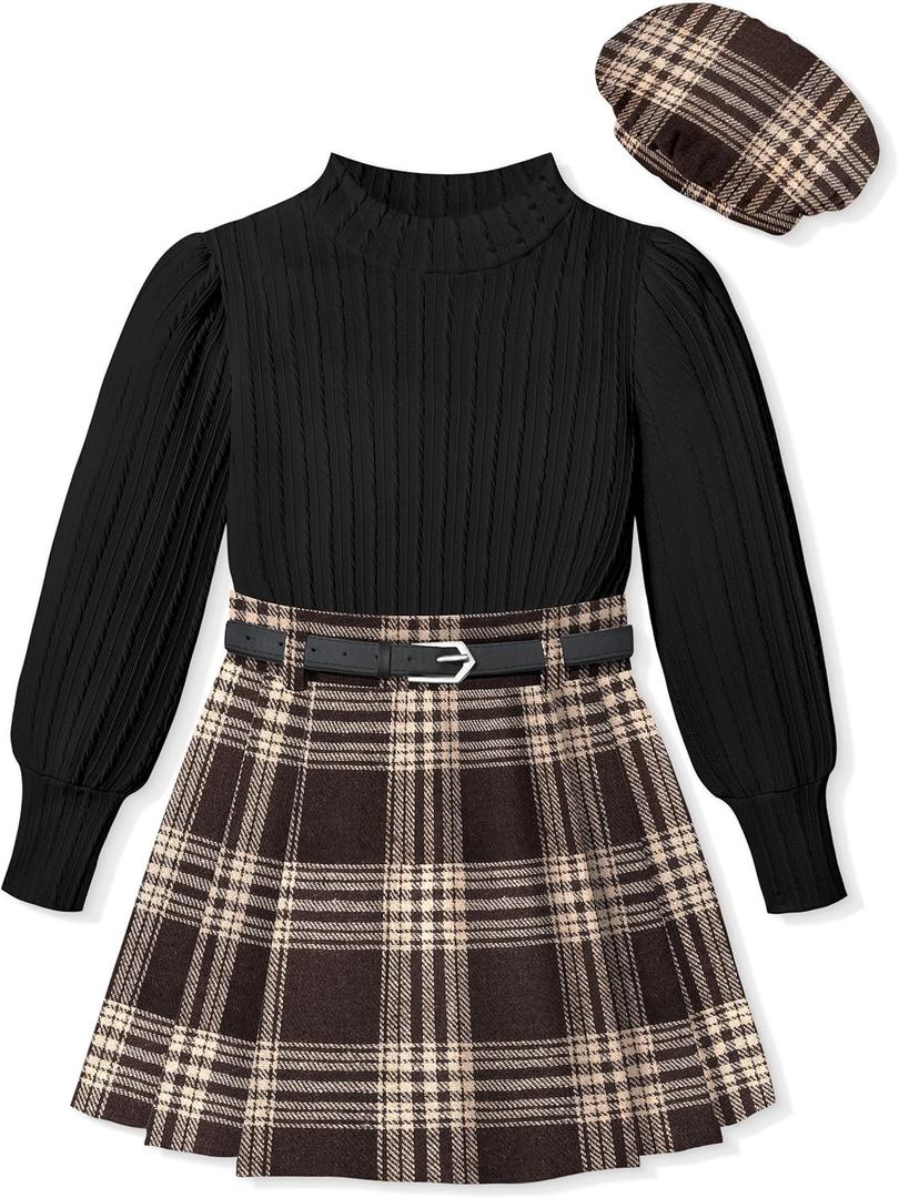 Clothes For Girls Skirt Pants Sets Long-Sleeved Round Neck Top Flannel Plaid Skirt Dress Beret Girls Outfit 3 Piece (7-8 Years, Brown + Black)
