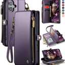 Defencase Compatible with iPhone 17 Case Wallet with RFID Blocking Card Holder for Women and Men, Fashion PU Leather Magnetic Snap Flip Zipper Strap Wallet Phone Case for iPhone 17 6.3", Purple