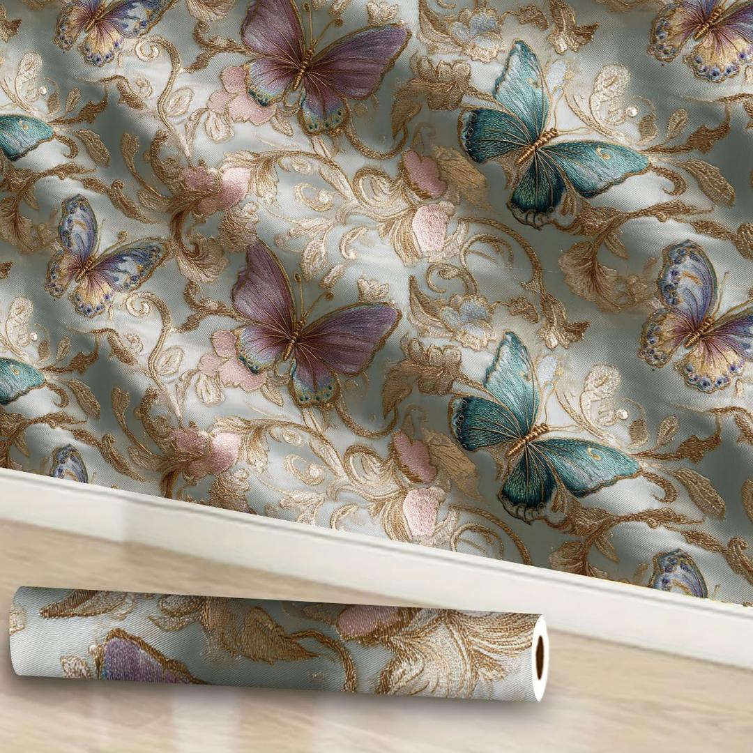 Butterfly Wallpaper Peel and Stick 17.7" x 118.1" Baroque Gold Floral Removable Vinyl Contact Paper Self Adhesive Wall Decor for Bedroom Vanity Luxury Style