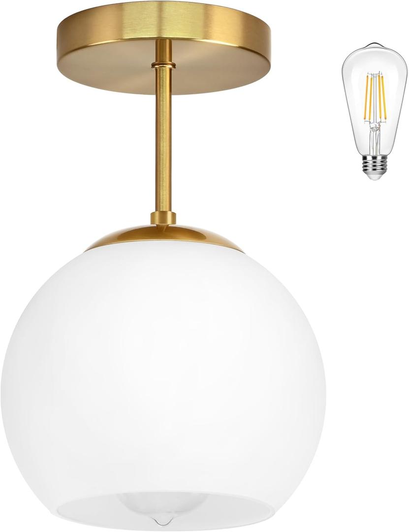 Gold Semi Flush Mount Ceiling Light Fixture Milk Glass Light Fixture Mid Century Flush Mount Ceiling Lights Brass Flush Mount Ceiling Schoolhouse Lights for Dining Room(Bulb Incl.) (7"-Opal Gold)
