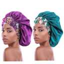 2PCS Satin Hair Bonnet for Black Women Elastic Wide Band Sleep Cap Single Layer Silkly Satin Cap for Braid Curly Natural Hair Purple + Teal