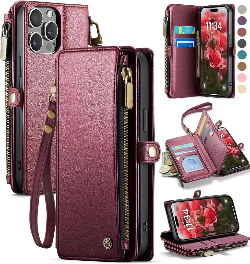 Defencase Compatible with iPhone 14 Pro Case Wallet with RFID Blocking Card Holder for Women Men, Soft PU Leather Magnetic Snap Flip Zipper Strap Wallet Phone Case Fit for iPhone 14 Pro 6.1", Wine Red