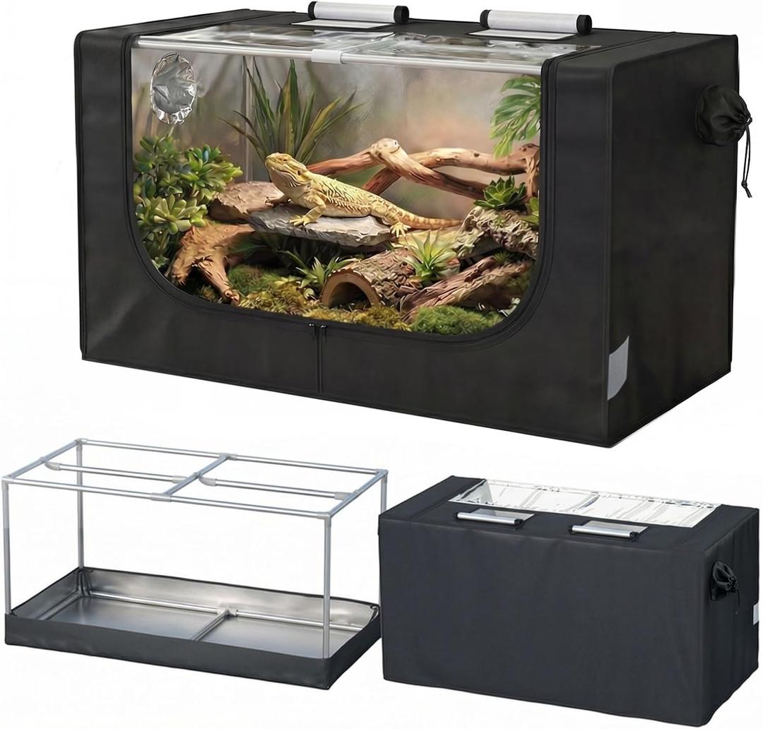 Large Reptile Enclosure Tent, 4 x 2 x 2 ft (48 x 24 x 24 Inch) Habitat with Insulated Cover & Stainless Steel Frame, Dual 4" Accessory Ports for Bearded Dragon, Lizard, Gecko & Chameleon
