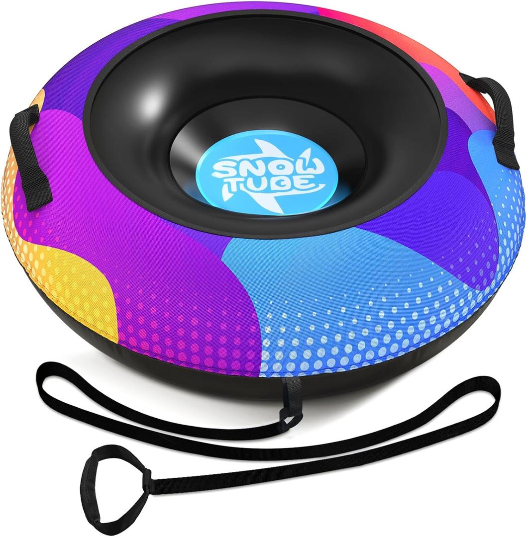 Snow Tube,48 Inch Big Heavy-Duty Inflatable Snow Sled with Premium Canvas Cover for Kids Adults, Thickened Hard Bottom Sleds for Snow with Detachable Tow Strap, Winter Outdoor Fun Snow Toys Gifts (Colorful)