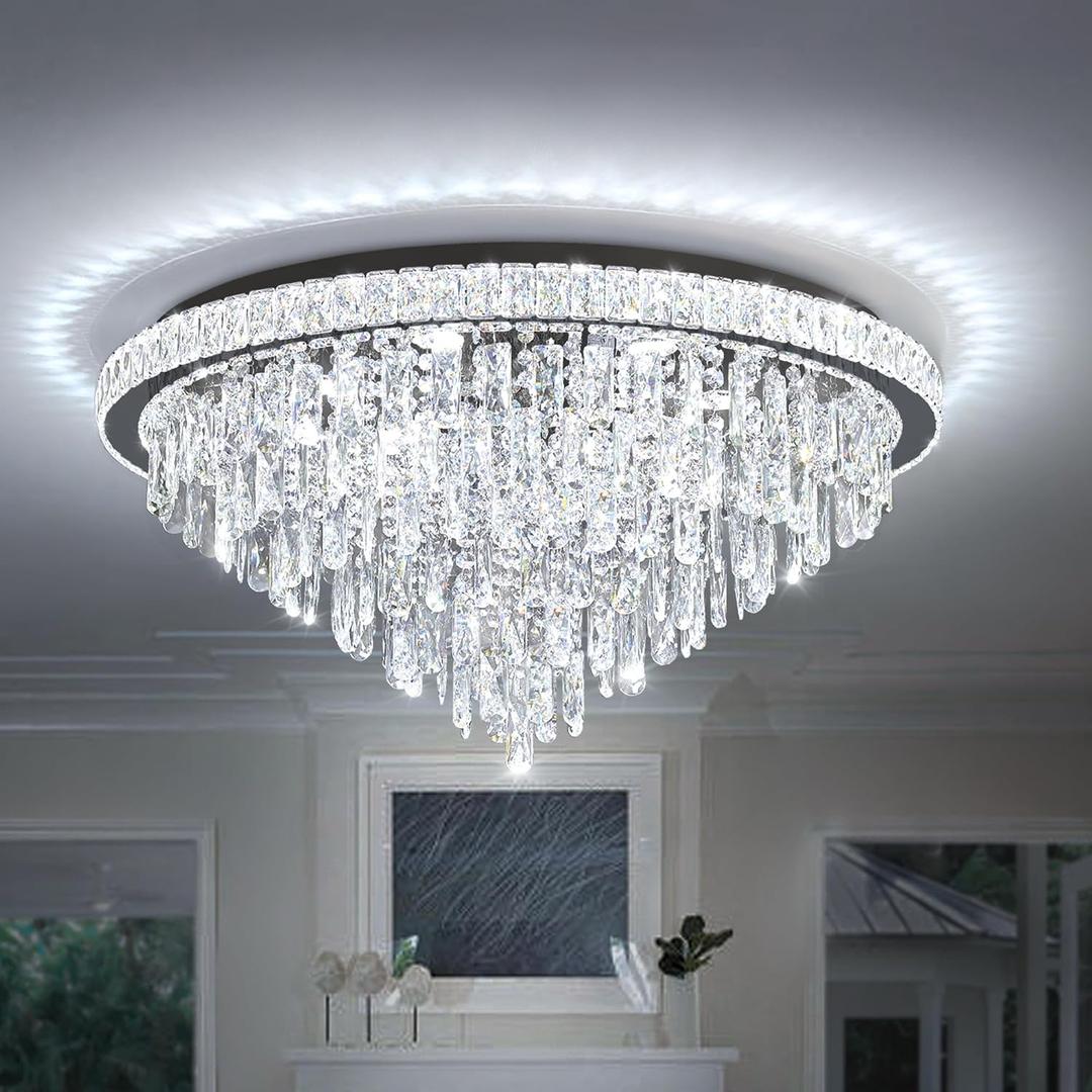 Dia 32" Modern Crystal Chandeliers LED Dimmable Living Room Chandelier Black Pendant Lighting Crystal Ceiling Light Fixture for Entrance Bedroom Hallway Foyer