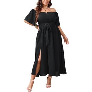 SCOMCHIC Womens Plus Size Formal Maxi Dress Off The Shoulder Wedding Guest Cocktail A-Line Split Long Dress with Pockets, XL