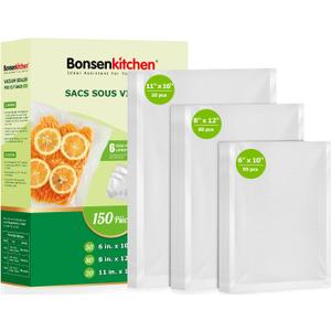 Bonsenkitchen Precut Vacuum Sealer Bags, 20 Gallon 11" x 16"+ 80 Quart 8" x 12"+ 50 Pint 6" x 10", Commercial Grade, BPA Free, Food Sealer Bags for Vac Storage, Meal Prep or Sous Vide Cooking, VB15