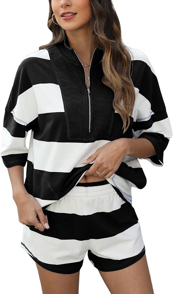 Womens Cotton Half Zip Retro Set Elastic Waist Short Striped Stylish Comfortable Versatile Activewear Outfit M