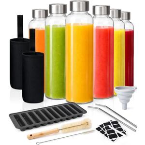 All-in-One 16-Piece Glass Bottle Set with 6 18 oz Water Bottles, Lids & Accessories, Reusable, Leak-Resistant & Dishwasher Safe for Juice, Smoothies & Daily Use