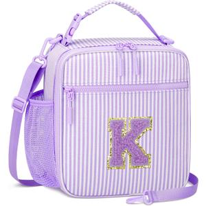 Insulated Lunch Bag for Kids - Initial Cute Leak-Proof Lunch Box for Girls with Adjustable Strap, Back to School Gift (K,Purple)