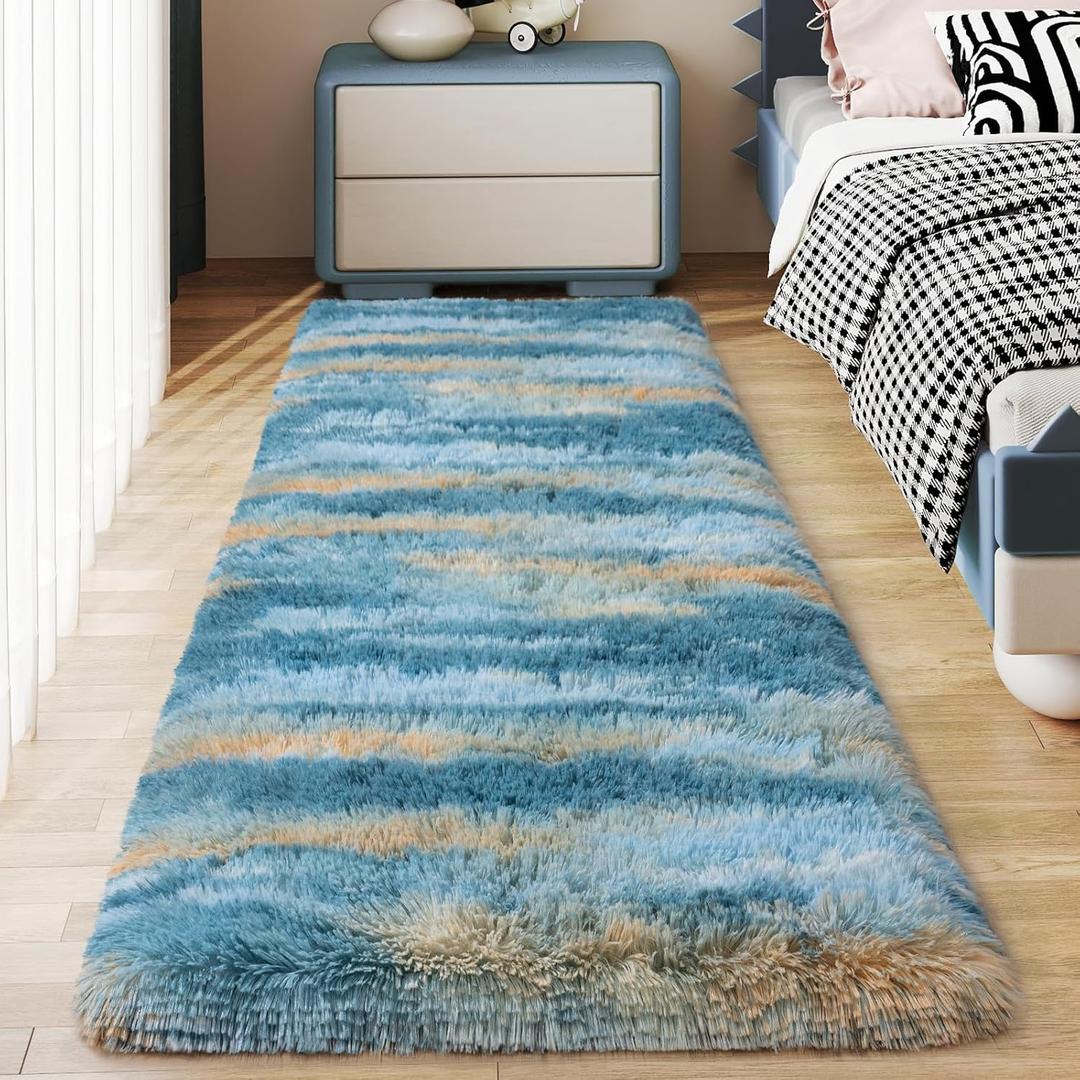 Soft Runner Rugs for Bedroom Hallways, 2x6 Abstract Blue Fluffy Shag Throw Area Rug Non Slip for Bedside Dorm, Long Shaggy Furry Carpet for Nursery Living Room
