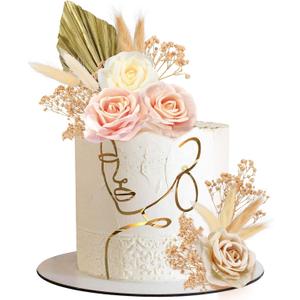 21 Pcs Boho Cake Topper Decorations Acrylic Minimalist Art Lady Gold Face Vintage Artificial Rose Flower Wedding Cake Toppers for Wedding Bridal Shower