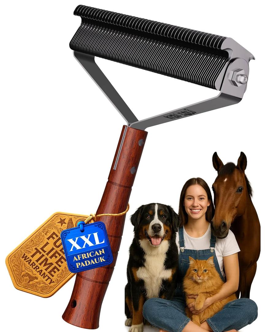 Oversized 2-Sided Dog Brush For Shedding Undercoat Rake for Dogs & Cats & Horses, Remove Mats, Dematting Comb, Grooming Brush for German Shepherds Medium to Long-Haired Pets(African Padauk Handle)