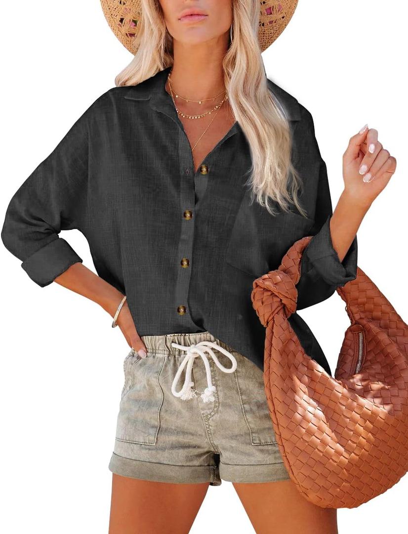 Pausus Women Cotton Linen Button Down Shirts Long Sleeve Office Collared Blouses V Neck Casual Tops Loose Fit with Pocket (Large, Black)