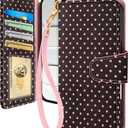 Toycamp for iPhone 17 Air Wallet Case with Wrist Strap - Leather Flip Folio Phone Case with RFID Blocking 4 Card Holder for Apple for iPhone 17 Air Funda Cute Aesthetic for Women Ladies, Brown Polka