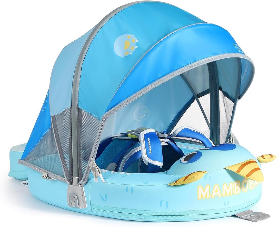 Mambobaby Float with Canopy Size Improved Non Inflatable Infant Baby Pool Float Smart Mambo Float Swim Trainer Add Tail Swim Float Mambo Float Solid Air Free Water Waist Swimming Ring (Monster Blue)