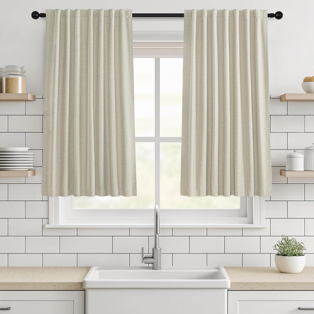 Blackout Curtains 45 Inch Long for Living Room Bedroom 2 Panels Set, Oatmeal Drapes Thermal Insulating Room Darkening Noise Reducing Short Linen Black Out Curtain with Back Tab Rod Pocket