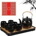 Hushee Japanese Tea Set in Gift Box Asian Porcelain Tea Set with 1 Teapot, 6 Cups, 1 Tray, 1 Stainless Infuser, Black Ceramic Chinese Teapot Christmas Winter Gift for Adult Lover