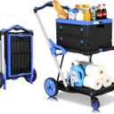 Collapsible Shopping Cart with Wheels: 200 LBS Capacity Blue Grocery Cart with Storage Crate, Platform Hand Truck with Foot Brake