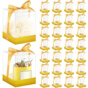 Cunno 36 Set 3.5 x 3.5 x 4.3 in Candle Gift Package Valentine's Transparent Box 4-18 oz Handmade Tealight Candle Holder Paper Bottom Ribbon for Wedding Baby Shower Party Mug(Gold)