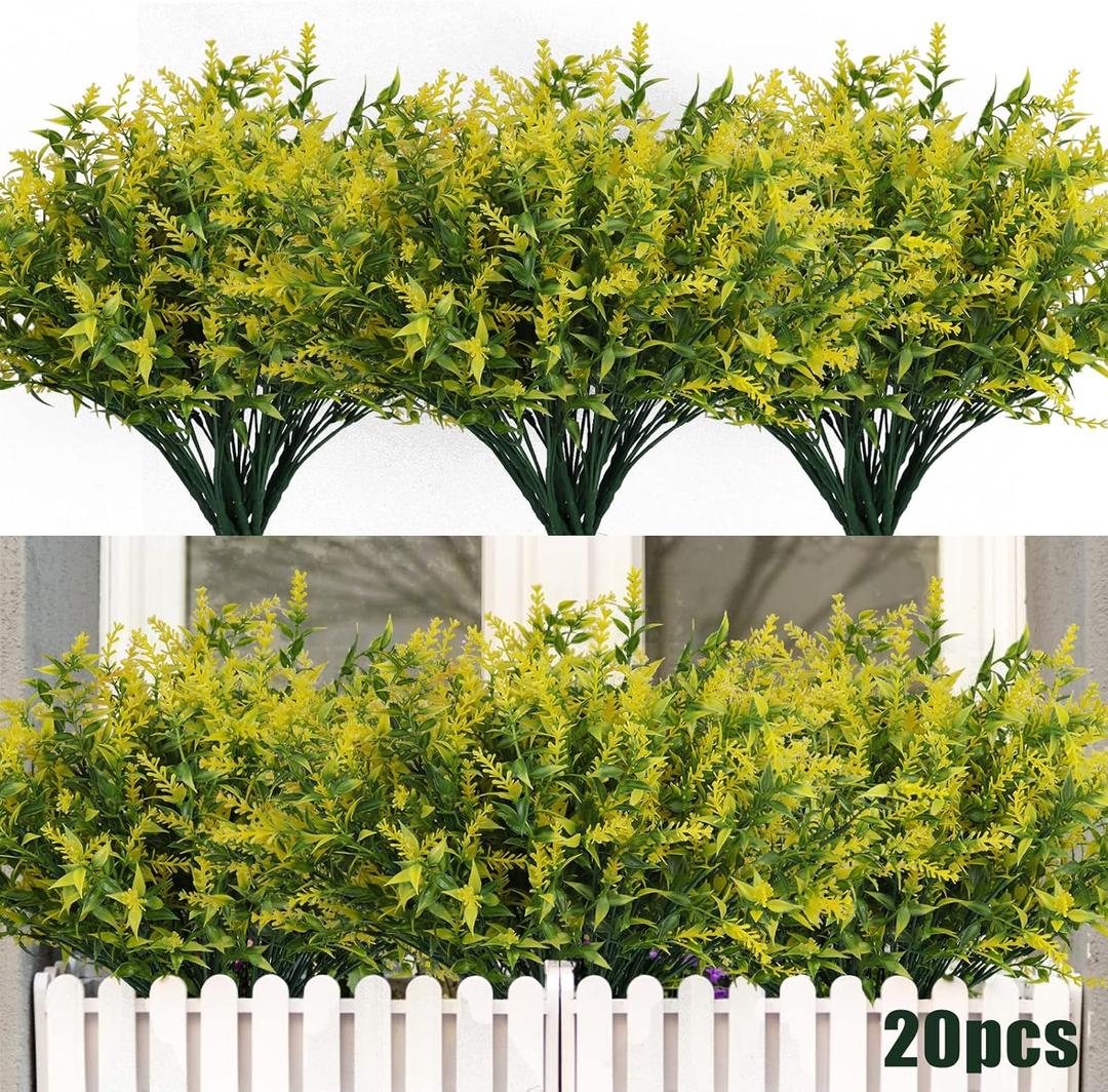 RECUTMS 20 Bundles Outdoor Artificial Flower UV Resistant Fake Stems Plants, Faux Plastic Greenery for Indoor Outside Hanging Plants Garden Porch Window Box Home Wedding Farmhouse Dcor(Yellow)