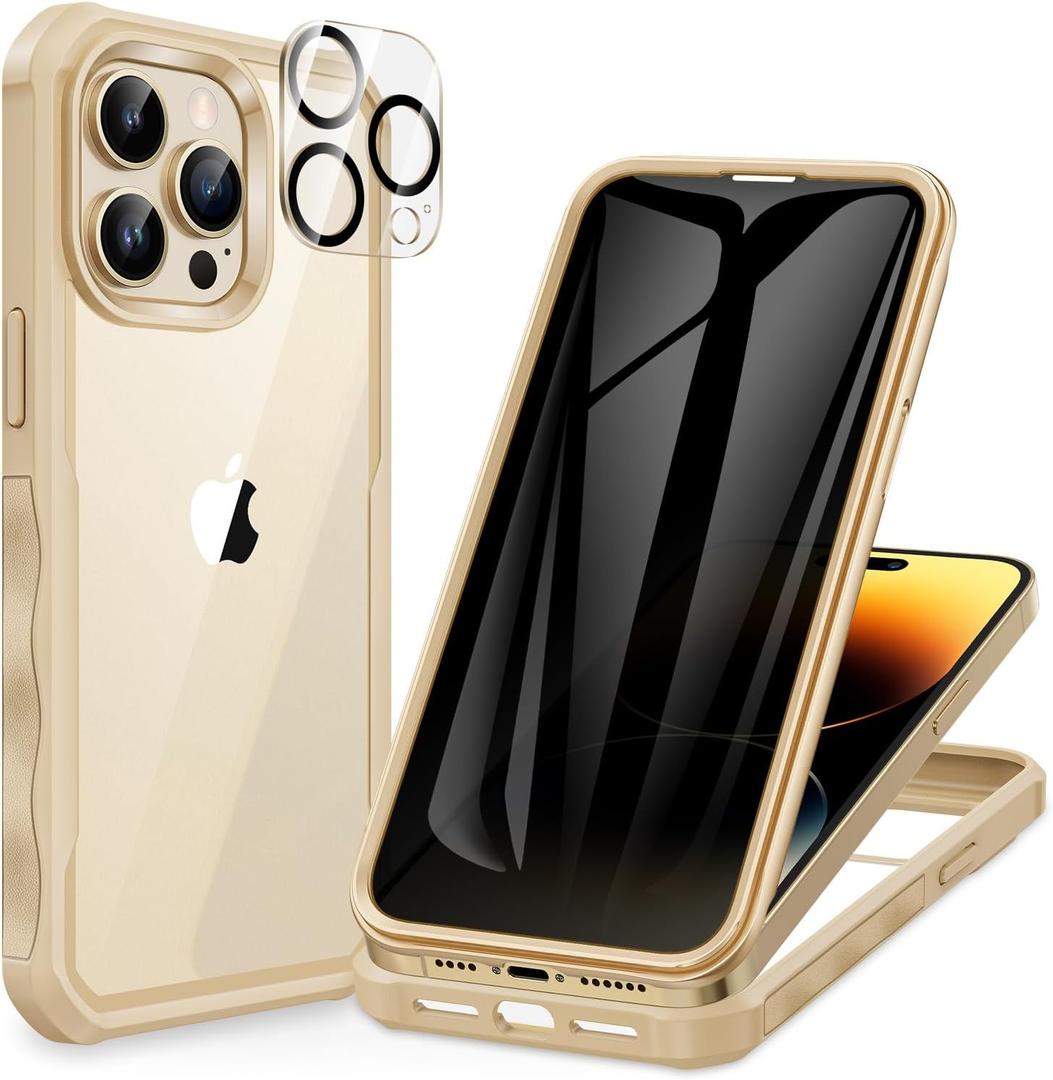 CENHUFO Privacy for iPhone 14 Pro Case, Full Body Phone Case with Built-in 9H Tempered Glass Privacy Screen Protector and Camera Lens Protector, Anti Peep Spy Shockproof Bumper Clear Cover - Beige