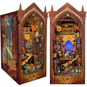 DIY Book Nook Kit, DIY Miniature Dollhouse Kit for Adults and Teens, Book Nook Bookshelf Insert Decor 3D Wooden Puzzle Bookend Miniature Kit with Sensor Light Creative Craft (Magic Academy)