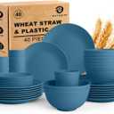 Wheat Straw Dishes Set 40 PCS, Unbreakable Dinnerware Set of 8 - Dinner Plates, Cereal Bowls, Water Cup, Lightweight, Reusable, Microwave & Dishwasher Safe Bowls for Kitchen and Outdoor - Blue