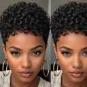 Short Curly Pixie Cut Wigs with Bangs Human Hair for Black Women Non Lace Full Machine Made Rose Net Cap Human Hair Pixie Wig Brazilian Virgin Glueless Bob Wig Human Hair Short Layered Wigs For Women