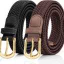 2 Pack Braided Belt for Women, Elastic Woven Stretch Fabric Cloth Belt with Gold Buckle (Brown)