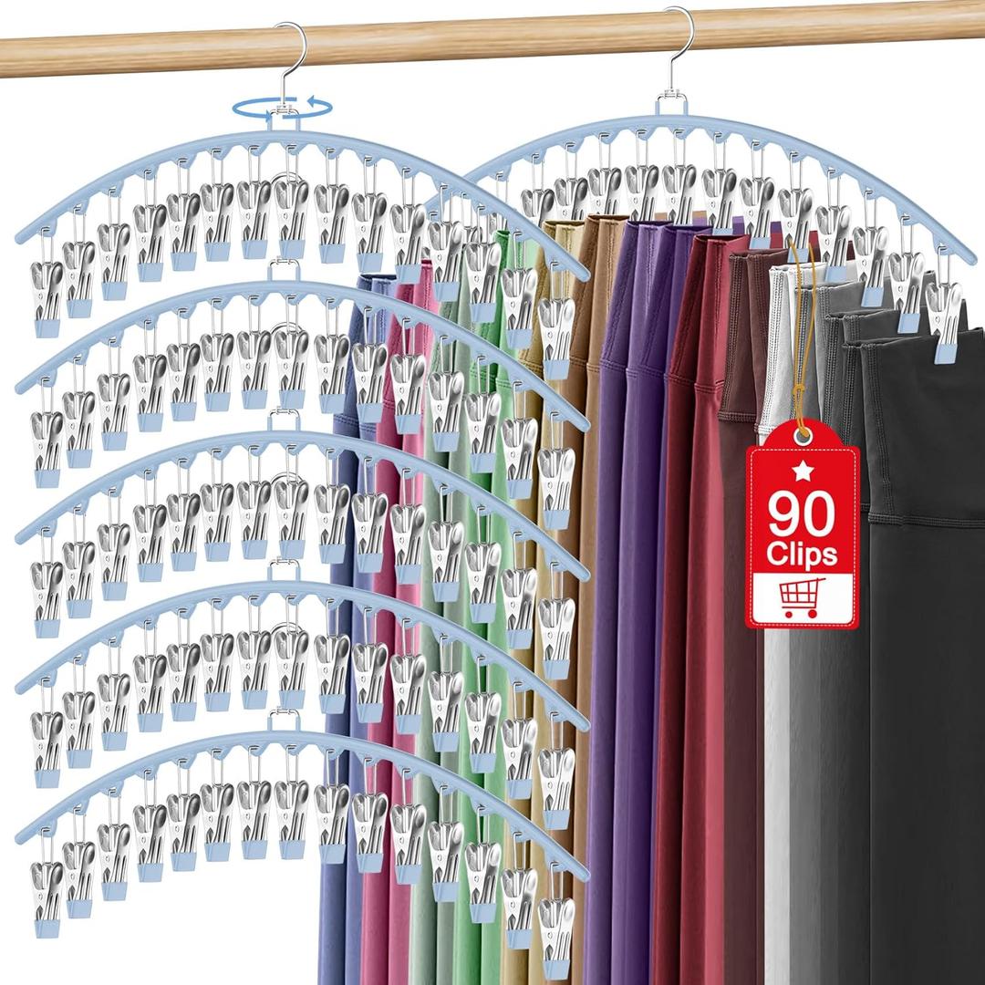 6 Pack Legging Organizer for Closet Hanging, Pants Hangers with Clips Holds 95 Leggings, Shorts, Skirts, Jeans, Hats, Pants Hangers Space Saving Clothes Racks Closet Organizers and Storage, Blue