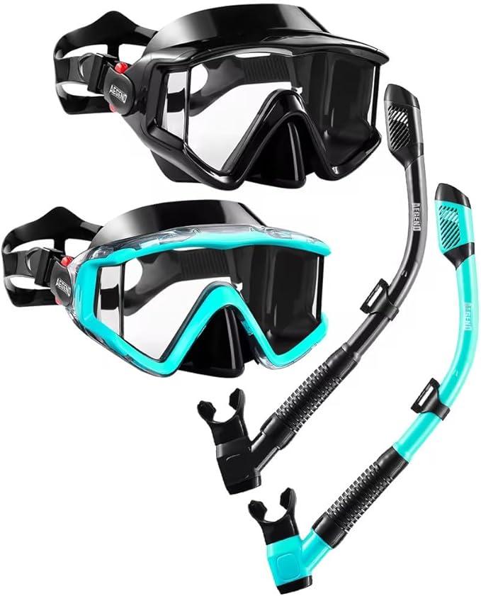 Aegend 2 Pack Snorkeling Gear for Adults, Dry Snorkel Set Panoramic View Enhanced Anti-Leak and Anti-Fog Technology, Adjustable Strap for Snorkeling Scuba Diving Swimming with Mesh Bag