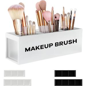 Suli Large Makeup Brush Holder Organizer, Wooden Cosmetic Brushes Storage with 3 Slots, Eyeliners Display Case for Vanity Desktop Bathroom Countertop -White