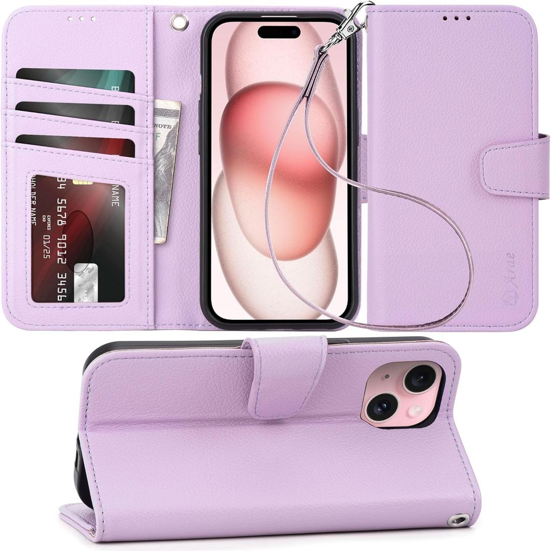 Arae Compatible with iPhone 15 Pro Case with Card Holder and Wrist Strap Wallet Flip Cover for iPhone 15 Pro 6.1 inch Women RFID Blocking Wristlet Kickstand, Litchi Lavander