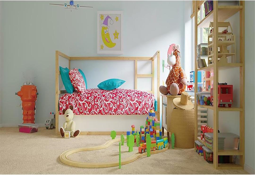 7x5ft Vinyl Backdrop Lovely Children Bedroom Interior Scene Photography Background Various Toys Wooden Toy Shelf Floriated Pattern Bed Cartoon Moon Children Birthday Party Portrait