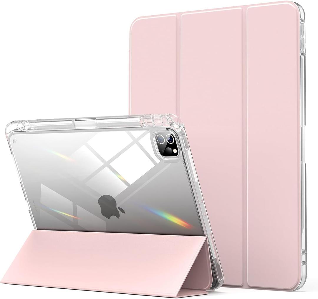 Aoub Crystal Case for iPad Pro 11 inch 4th/3rd Generation 2022/2021, Hard Clear Back with Pencil Holder, Auto Sleep/Wake Support Pencil Wireless Charging, for iPad 11" Pro 2nd 1st 2020 2018 - Pink