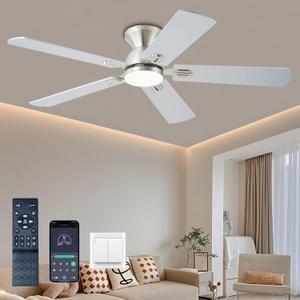 KNUN Ceiling Fan with Light,52 Inch Low Profile Ceiling Fans with Remote Control and App,3 Color Dimmable LED, 6 Speeds DC Reversible,Noiseless, Flush Mount Ceiling Fan for Bedroom, Patio