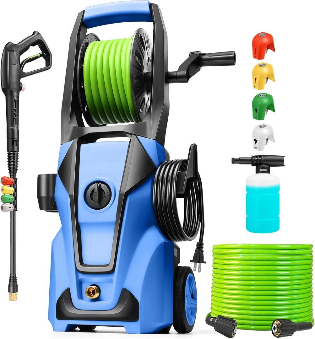 Electric Pressure Washer Adjustable 5000PSI 4.0 GPM Power Washers Electric Powered with 33ft Hose Reel, 4 Nozzle and Foam Cannon, Powerwashers Cleaner Machine for Home, Cars, Patio, Blue Electric Pressure Washer Adjustable 5000PSI 4.0 GPM Power Washers Electric Powered with 33ft Hose Reel, 4 Nozzle and Foam Cannon, Powerwashers Cleaner Machine for Home, Cars, Patio, Blue