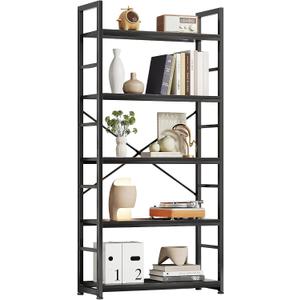 VERMESS 32 Inch Industrial Book Shelf, 5-Tier Display Bookshelf for Living Room Bedroom, Shelving Unit Wood Bookcase with Open Shelves, Metal Frame, Black, Standard
