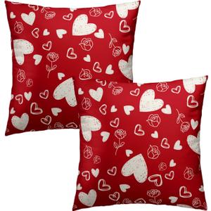 Valentines Pillow Cover - Red Hearts Throw Pillow Covers 18x18 Set of 2 Rose Flower Decorative Pillowcases for Couch Sofa Bedroom