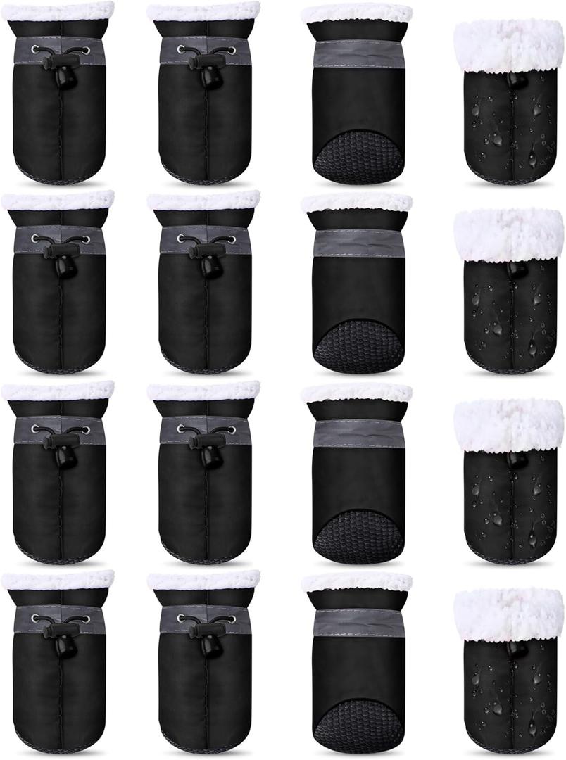 Weewooday 4 Sets 16 Pcs Waterproof Dog Shoes Rain Snow Boots Paw Protectors Breathable Dog Winter Boot Anti Slip Sock Shoe with Adjustable Drawstring for Pet(Black,Black,No. 2, 4x3.5cm)