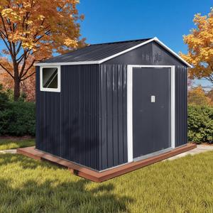 9.1' x 6.4' Outdoor Storage Shed, Sturdy Metal Building w/Windows & Lockable Doors for Garden, Backyard, Poolside and Lawn, Anthracite